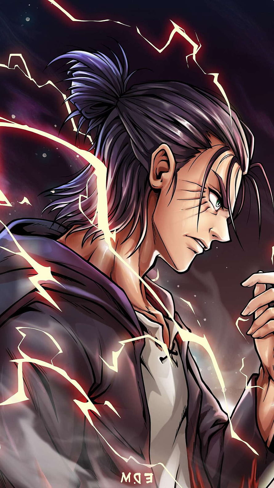 Eren Yeager Anime Character Portrait with Electric Energy and Dark Background HD phone wallpaper