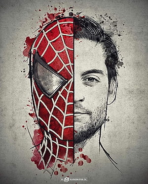 Spider-Man and Tobey Maguire Split Face Portrait with Ink Splatter Art, Spiderman, Maguire, Tobey HD phone wallpaper