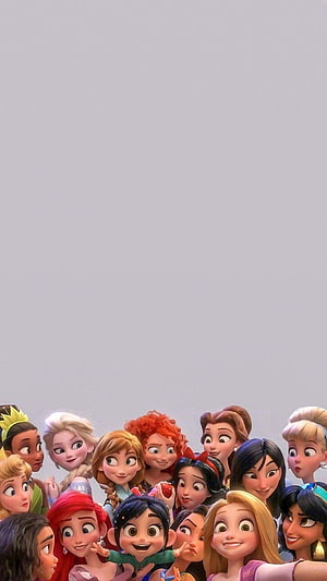 Group of Disney Princesses Taking a Selfie Against a Plain Gray Background HD phone wallpaper