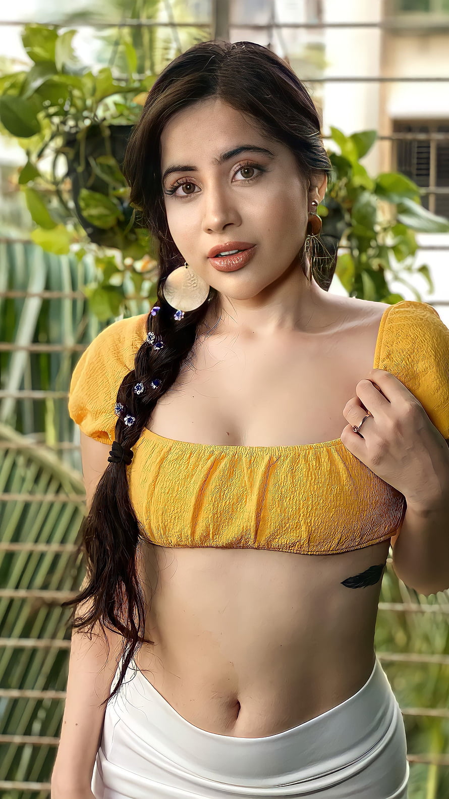 Woman in Yellow Crop Top and White Skirt with Braided Hair and Feather Tattoo, Urfi Javed, navel HD phone wallpaper