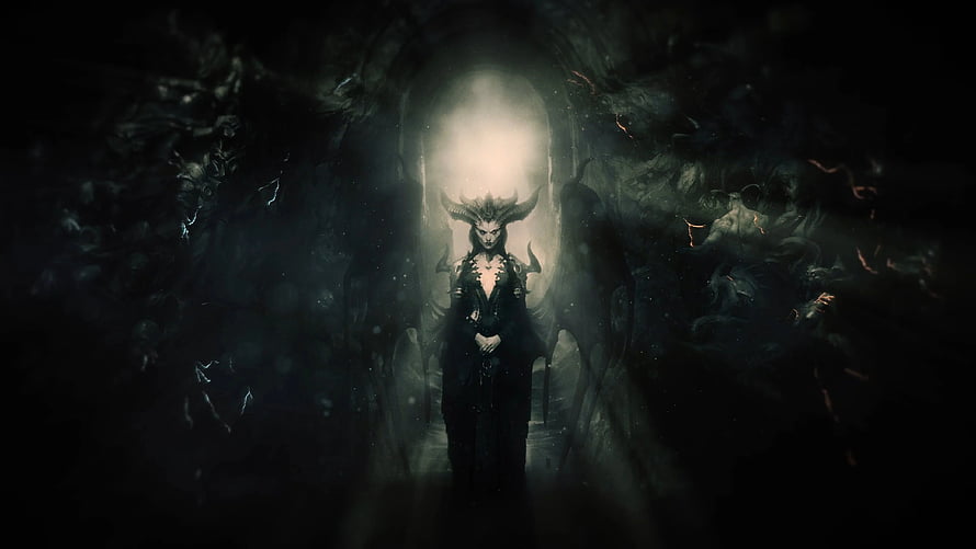 Dark Fantasy Demon Lord Standing in a Mysterious Illuminated Cave Entrance HD wallpaper