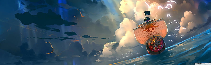 Going Merry sailing through dramatic storm clouds in One Piece anime art HD wallpaper
