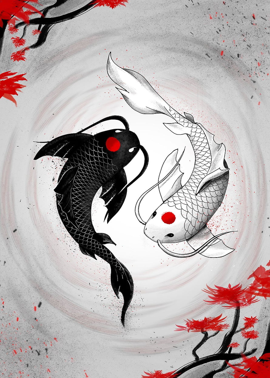 Yin Yang Koi Fish Artwork with Red Maple Leaves and Ink Wash Style HD phone wallpaper