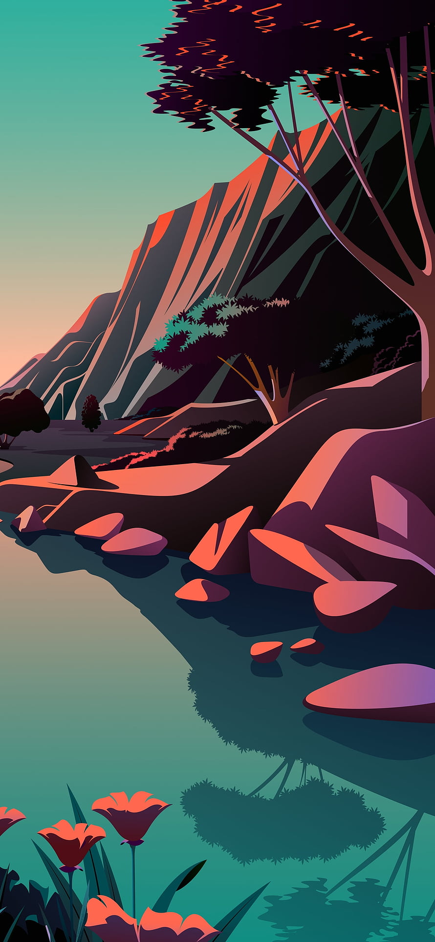 Stylized Vector Landscape Illustration With Mountains, River, and Sunset Colors HD phone wallpaper