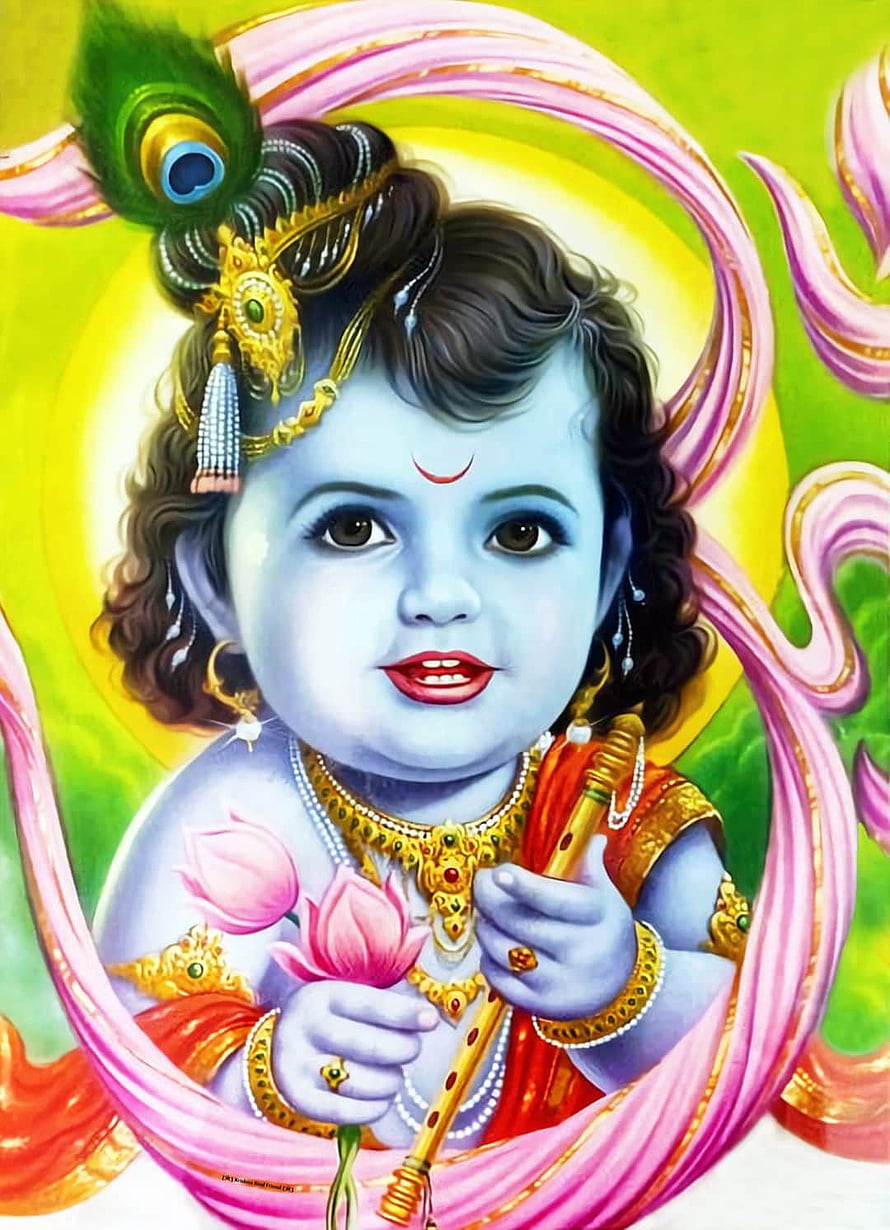 Baby Krishna Holding Flute and Lotus with Peacock Feather Crown HD phone wallpaper