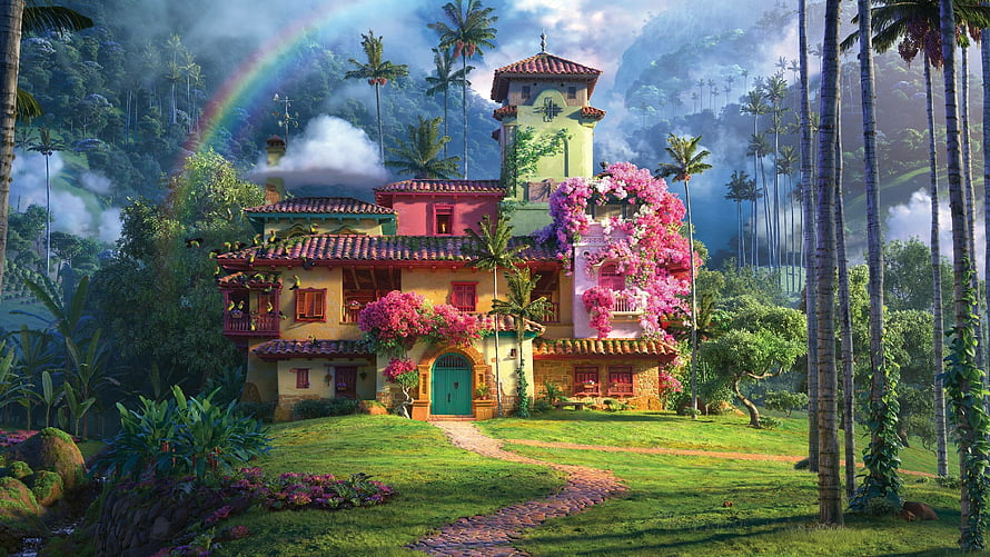 Magical Colorful Villa in Tropical Jungle with Rainbow and Bougainvillea Flowers HD wallpaper