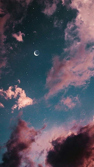 Pastel Blue Night Sky with Crescent Moon and Pink Clouds HD phone wallpaper