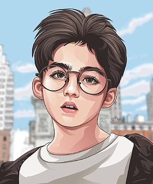 Illustrated Portrait of a Young Man with Glasses and Dark Hair in an Urban Setting, Cartoon DP Boy For Whatsapp (Cute, Alone Etc) HD phone wallpaper