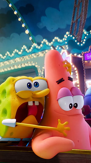 SpongeBob SquarePants and Patrick Star in a vibrant 3D animated carnival scene with festive lights HD phone wallpaper