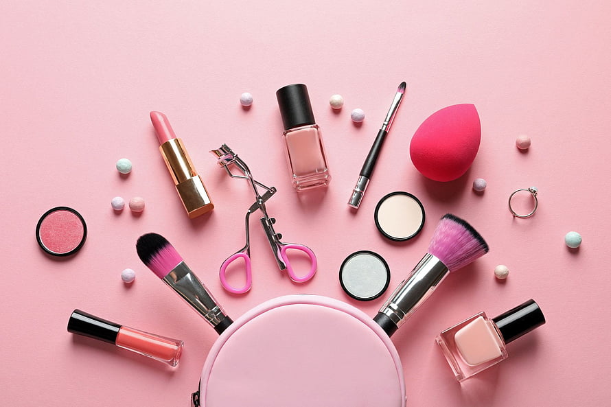 Pastel Pink Makeup Tools Flat Lay With Lipstick, Brushes, And Beauty Sponge HD wallpaper