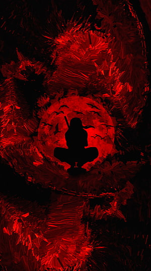 Silhouette of a Samurai Sitting Before a Giant Red Moon with Flying Birds HD phone wallpaper