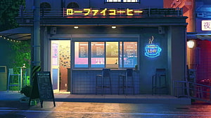 Cozy Lo-Fi Coffee Shop at Night with Neon Sign and Warm Interior Lighting HD wallpaper