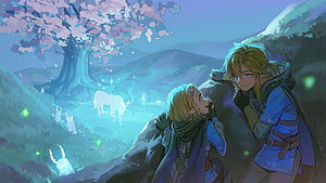 Princess Zelda and Link sharing a quiet moment under a glowing cherry blossom tree in Breath of the Wild HD wallpaper
