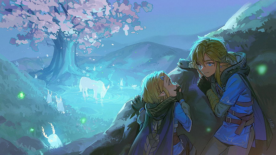 Princess Zelda and Link sharing a quiet moment under a glowing cherry blossom tree in Breath of the Wild HD wallpaper