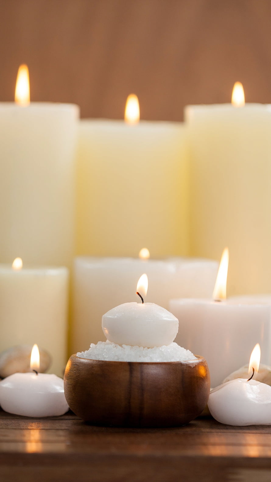 Warm Spa Candles with Sea Salt and Wooden Bowl for Relaxing Ambiance HD phone wallpaper