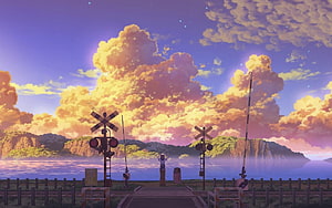 Anime Boy Standing at a Scenic Railway Crossing with Golden Sunset Clouds HD wallpaper