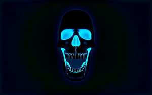 Glowing Blue Neon Skull Artwork on Dark Background HD wallpaper