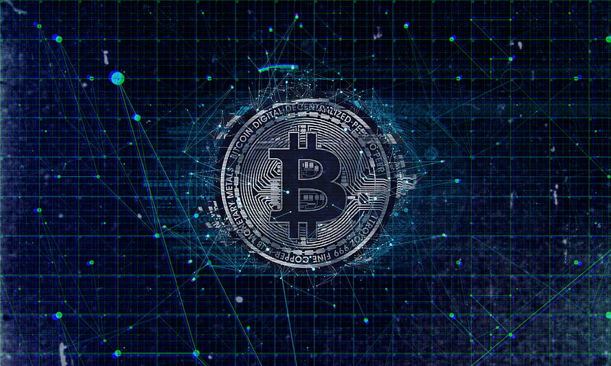Bitcoin Coin Centered in a Glowing Digital Network Grid with Circuit Board Details HD wallpaper