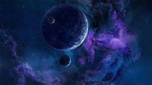 Mysterious Blue Planet and Moats Drifting Through a Vibrant Purple Nebula in Deep Space HD wallpaper