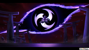 Anime character wielding swords before a giant purple eye symbol and torii gates HD wallpaper