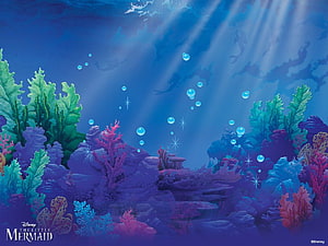 The Little Mermaid Underwater Coral Reef Scene with Sunbeams and Bubbles HD wallpaper