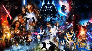 Star Wars Skywalker Saga Character Collage with Darth Vader and Lightsabers HD wallpaper