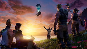 Fortnite Squad Watching Hot Air Balloon at Sunset Over Grassy Hill HD wallpaper
