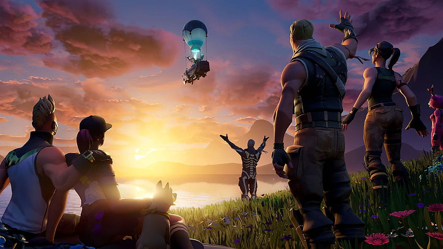 Fortnite Squad Watching Hot Air Balloon at Sunset Over Grassy Hill HD wallpaper