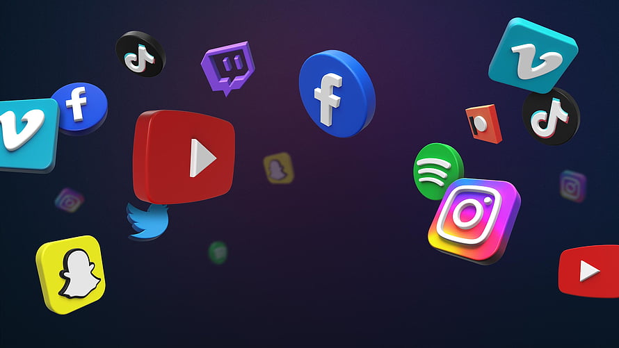 Floating 3D Social Media App Icons on Dark Background HD wallpaper