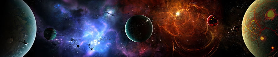 Vast Cosmic Panorama Featuring Diverse Planets, Nebulae, and a Glowing Star in Deep Space HD wallpaper