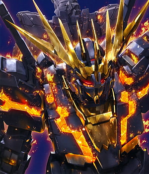 Gundam Unicorn Banshee Mecha with Golden Horns and Fiery Energy Aura HD phone wallpaper