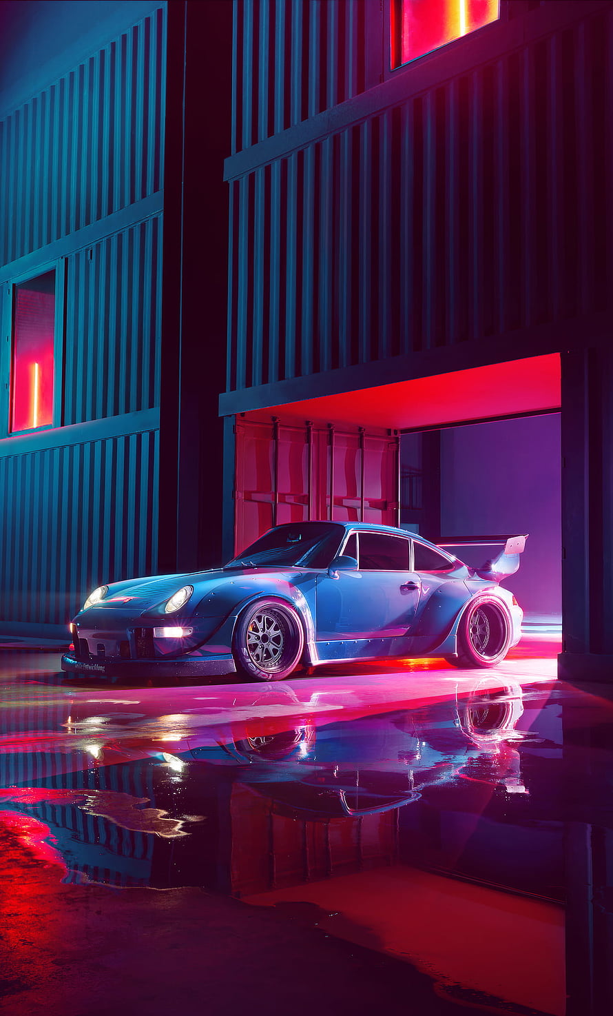 RWB Porsche 911 Widebody Concept in Neon Cyberpunk Industrial Setting HD phone wallpaper