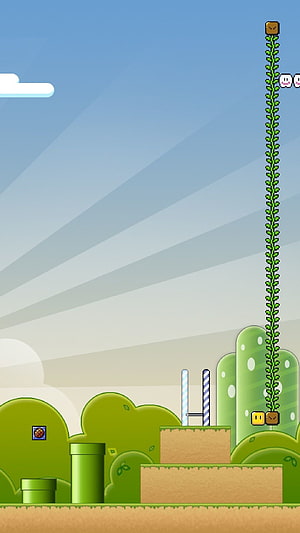 Super Mario Bros 2D Platformer Level with Green Pipes and Vine Climb HD phone wallpaper