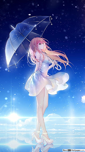 Anime Girl with Transparent Umbrella Under Starry Night Sky HD phone wallpaper
