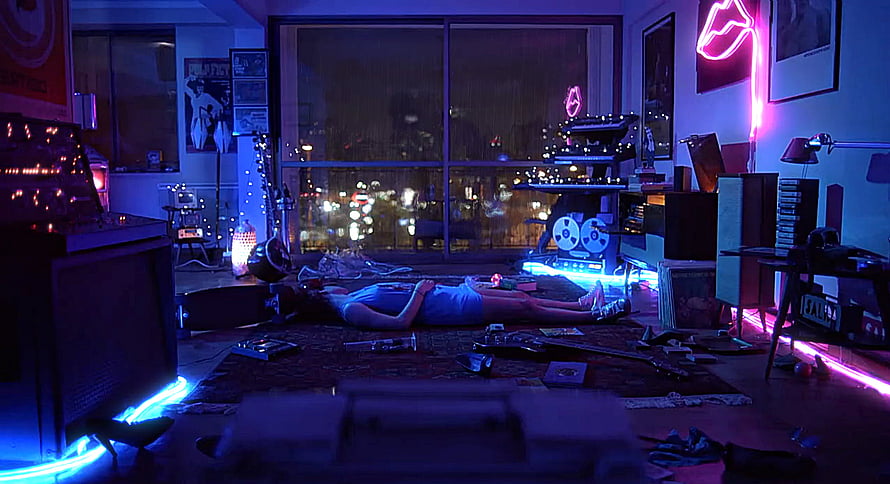 Cinematic Neon-Lit Apartment Interior With Person Lying On Floor HD wallpaper