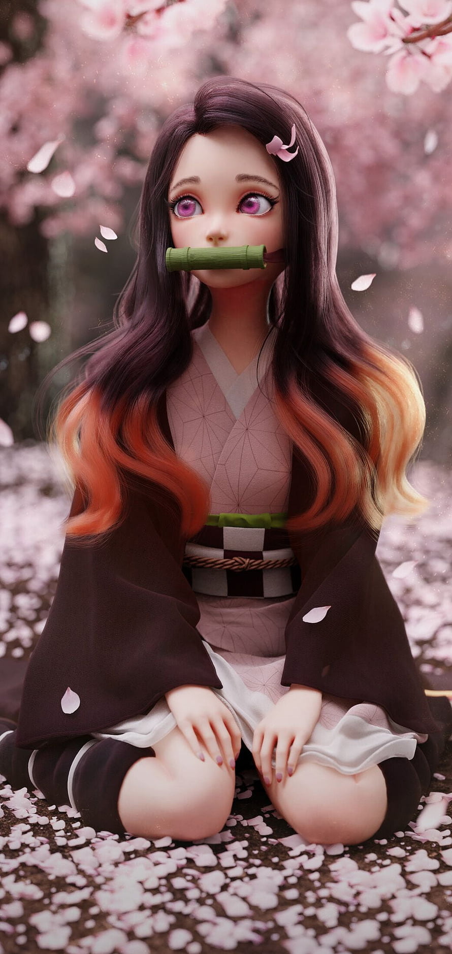 Nezuko Kamado Sitting Under Cherry Blossoms in Pink Kimono HD phone wallpaper