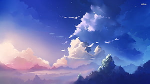 Dreamy Anime Sky With Fluffy Clouds And Distant Mountains HD wallpaper
