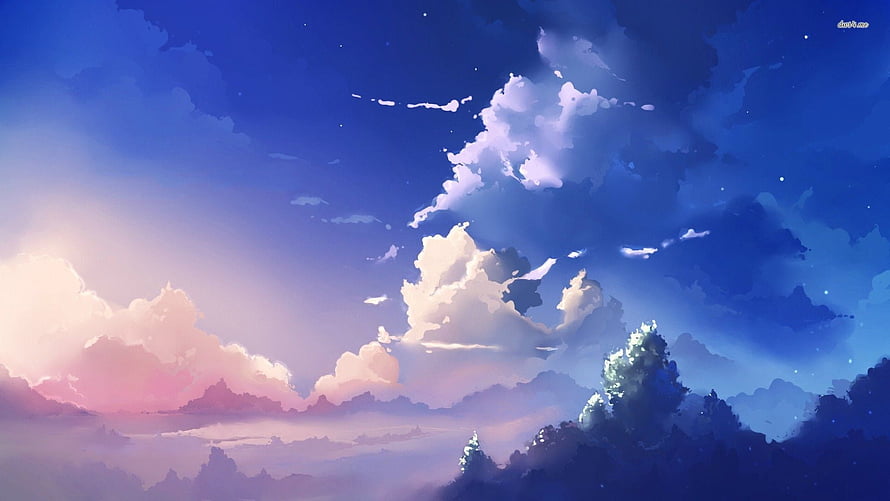 Dreamy Anime Sky With Fluffy Clouds And Distant Mountains HD wallpaper