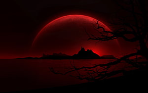 Eerie Red Moon Rising Over Dark Castle Silhouette and Dead Tree in Fantasy Landscape HD wallpaper