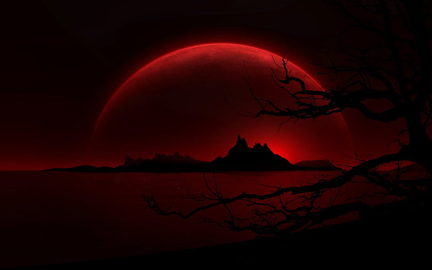 Eerie Red Moon Rising Over Dark Castle Silhouette and Dead Tree in Fantasy Landscape HD wallpaper