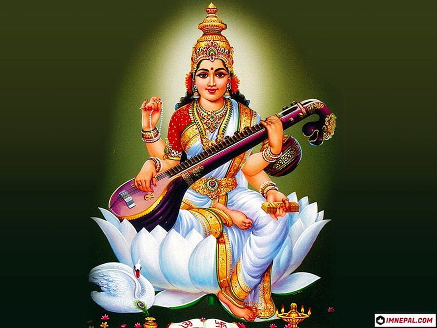 Saraswati Mata Playing Veena on Lotus Throne with Peacock and Diya HD wallpaper