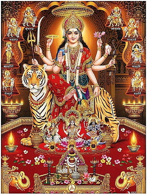 Goddess Durga Riding Tiger With Weapons And Diyas HD phone wallpaper