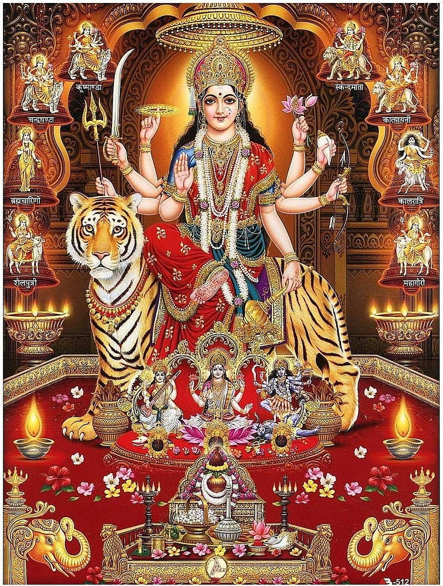 Goddess Durga Riding Tiger With Weapons And Diyas HD phone wallpaper