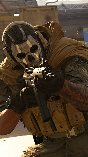 Ghost from Call of Duty Warzone in tactical gear with skull mask and rifle HD phone wallpaper