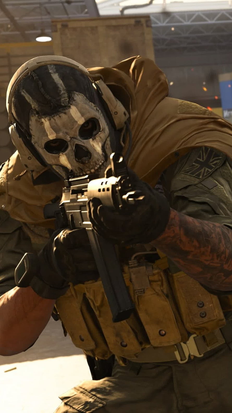 Ghost from Call of Duty Warzone in tactical gear with skull mask and rifle HD phone wallpaper