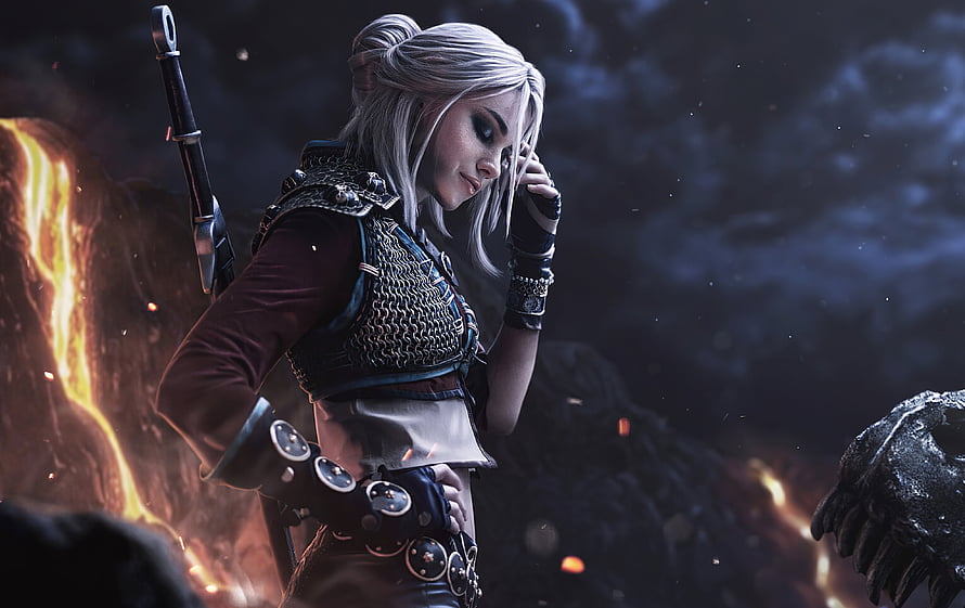Ciri from The Witcher in Chainmail Armor with Sword Against a Fiery Dark Landscape HD wallpaper