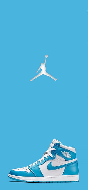 Air Jordan 1 UNC Blue and White High-Top Sneaker with Jumpman Logo on Cyan Background, Air Jordan 1's (UNC). Jordan shoes , Jordan logo , Sneakers in 2021. Jordan logo , Sneakers , Shoes, Blue Jordan Logo HD phone wallpaper