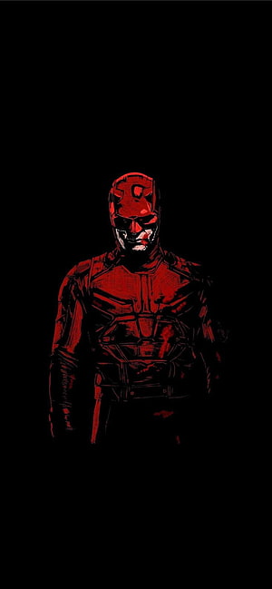 Daredevil in red tactical suit standing against a dark background in a gritty comic book style HD phone wallpaper