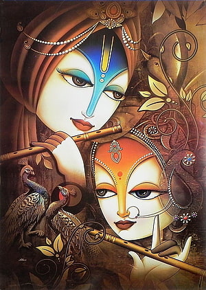 Radha Krishna Playing Flute with Peacocks in Ornate Indian Art Style HD phone wallpaper