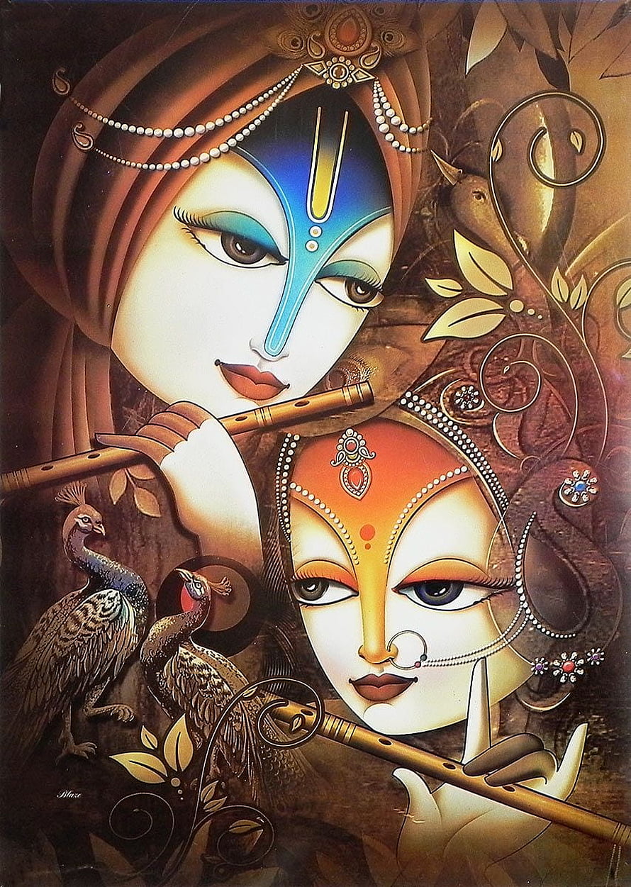 Radha Krishna Playing Flute with Peacocks in Ornate Indian Art Style HD phone wallpaper